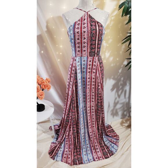 1State Halter Boho Maxi Dress Womens Size 10 Sleeveless Patriotic Red White Blue - Picture 1 of 11